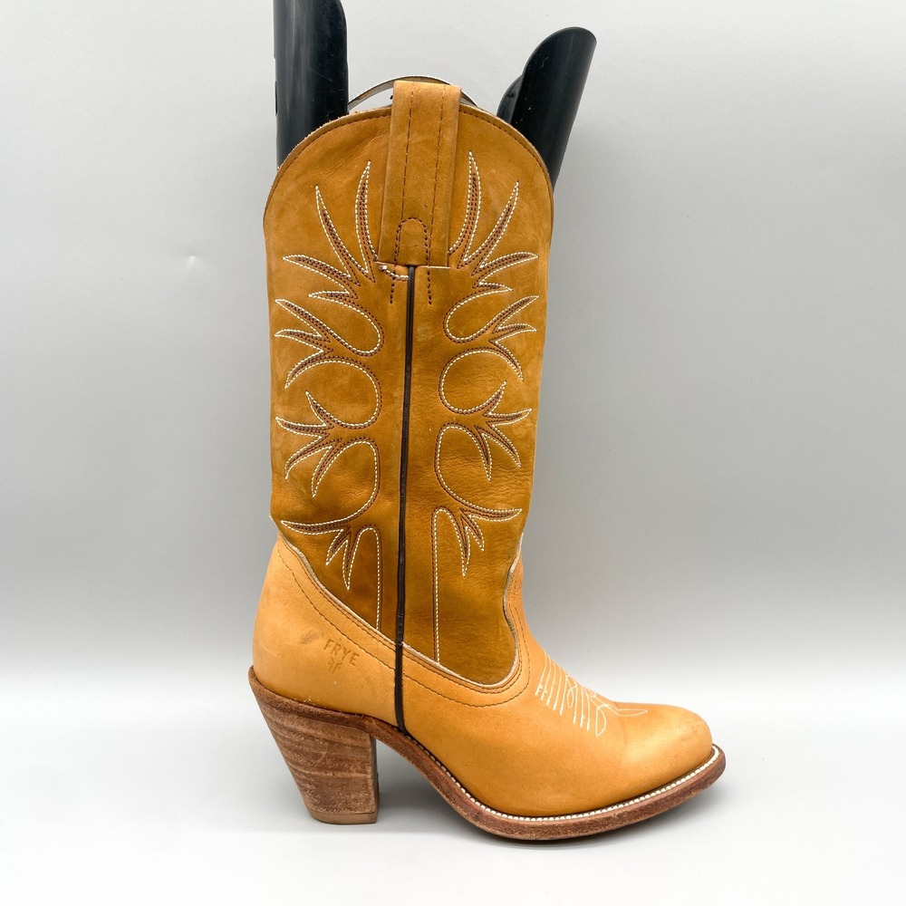 Frye Womens 6.5B Western Cowgirl Boots Tan Leather Coastal Boho 70s 80s USA 6182